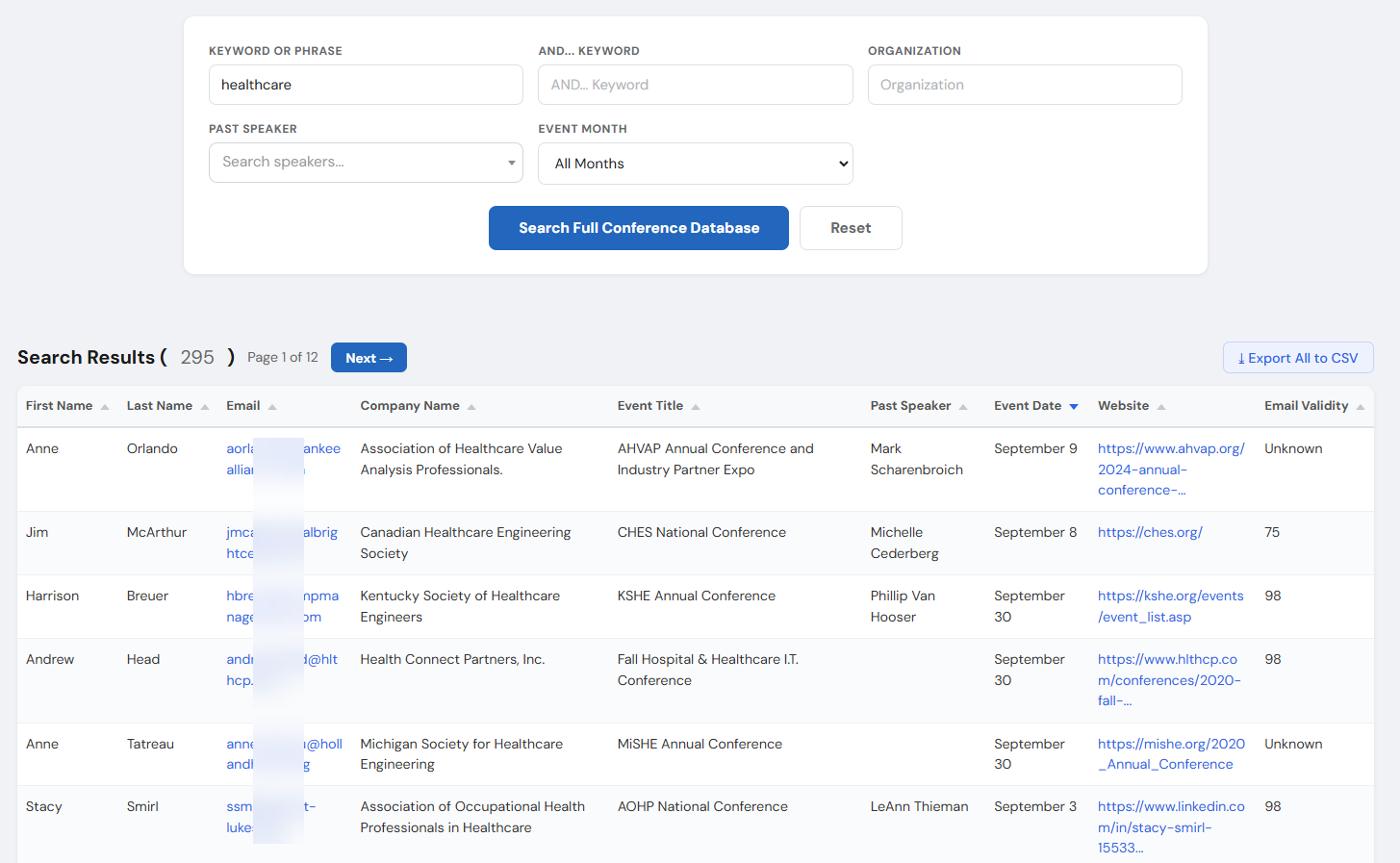 Diamond Conference Database results with event names, dates, locations, and download controls